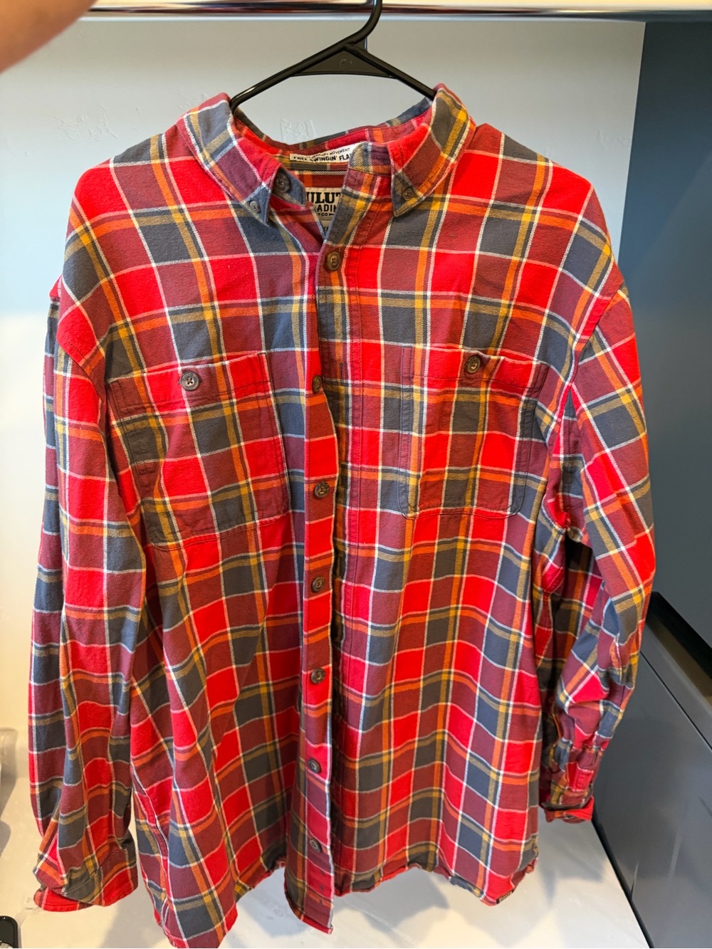 Duluth Trading Co Red and Gray Plaid Button-Down Shirt